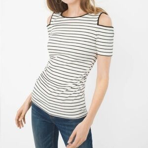 White House Black Market Black and White Striped Cold Shoulder Top